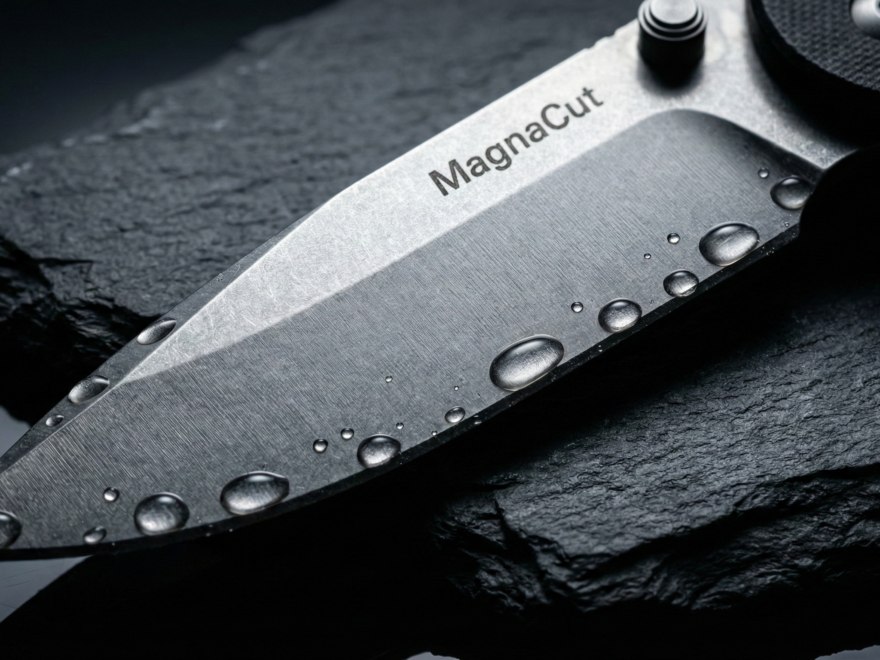 Lâmina de canivete tático em aço MagnaCut com gotas de água na superfície, demonstrando resistência à corrosão e acabamento premium.