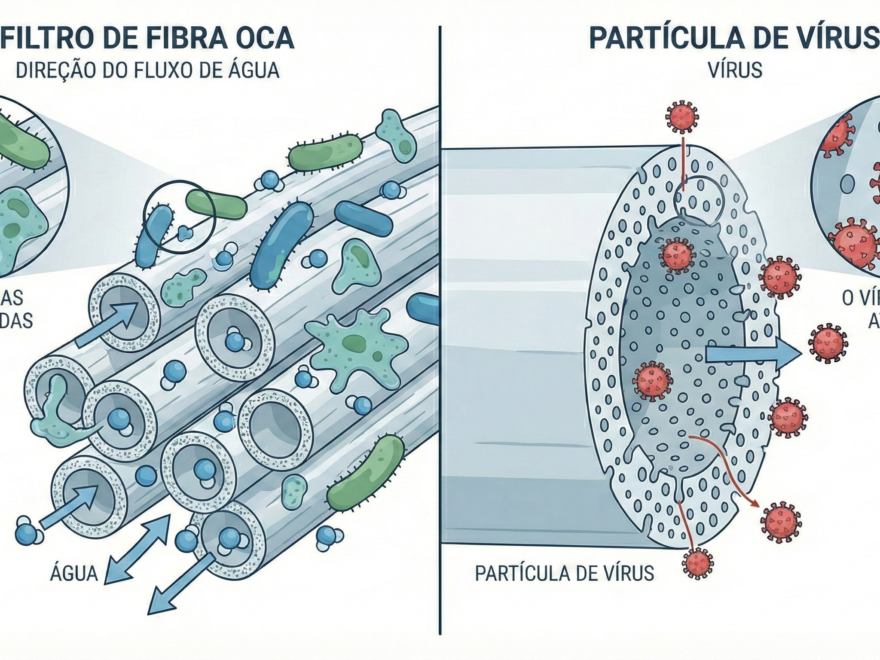 Ilustração microscópica comparando o tamanho de bactérias bloqueadas por um filtro de água versus vírus passando pelos poros, destacando a diferença entre filtro e purificador.
