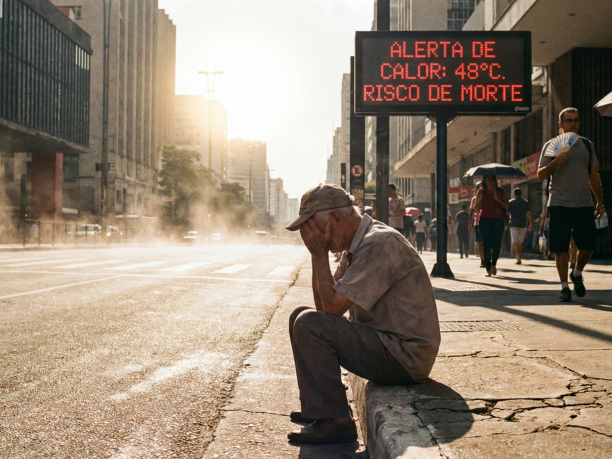 Fotografia documental de uma pessoa idosa exausta e vulnerável sentada no meio-fio sob sol escaldante em uma grande cidade, com o ar tremulando devido ao calor intenso. Ao fundo, um letreiro digital vermelho exibe o aviso: 'ALERTA DE CALOR: 48°C. RISCO DE MORTE'.