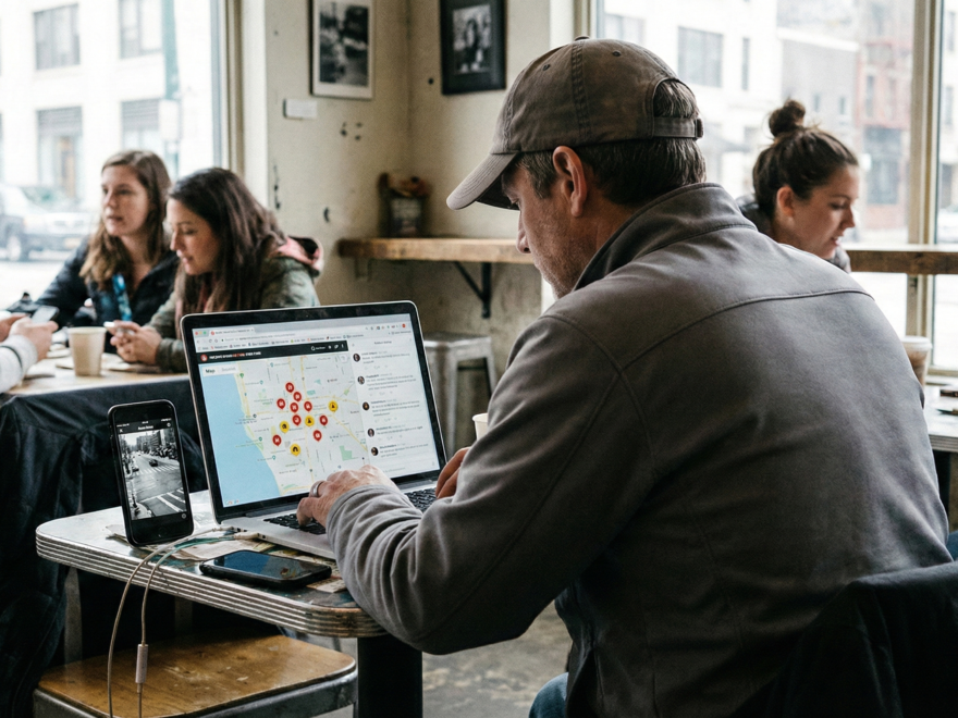 Pessoa comum (estilo gray man) em ambiente cotidiano usando laptop e celular para monitorar feeds de dados e mapas em tempo real, ilustrando OSINT para civis.