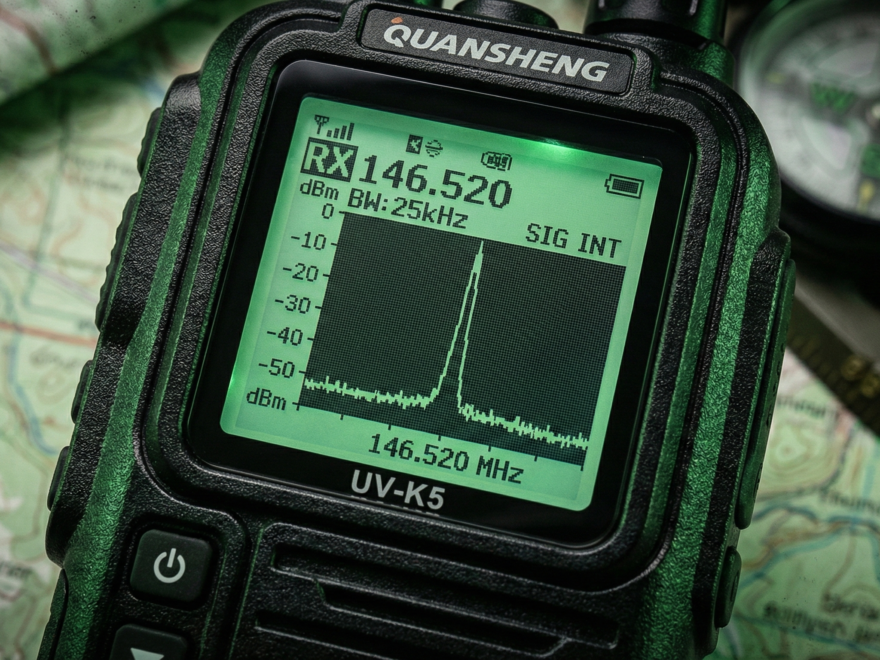 Tela de rádio comunicador mostrando análise de espectro na frequência de emergência 146.520 MHz, essencial para o Protocolo 3-3-3.