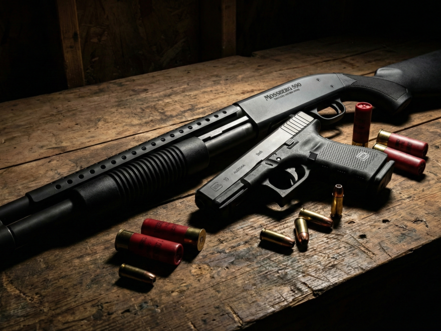Comparativo visual entre uma espingarda calibre 12 e uma pistola 9mm sobre uma mesa com munições, ilustrando o debate sobre defesa residencial.