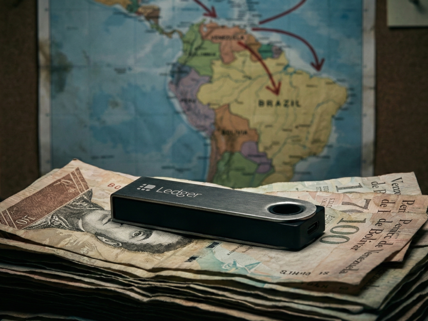 Carteira de criptomoedas (Cold Wallet) sobre notas de Bolívares desvalorizados, simbolizando a proteção patrimonial contra a crise na Venezuela.