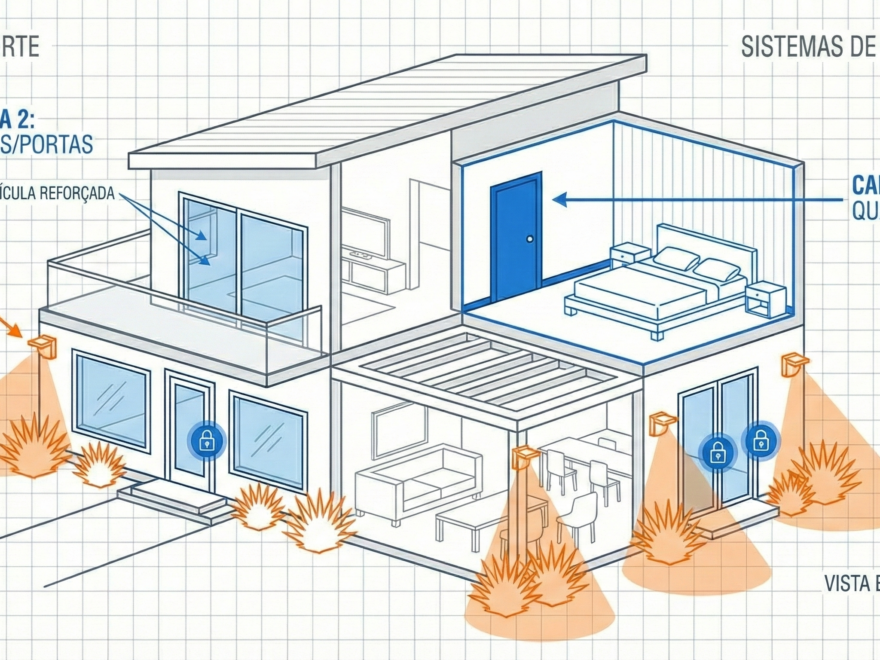 Diagrama esquemático de defesa residencial mostrando as 3 camadas de segurança: perímetro, blindagem de janelas e quarto de pânico (Safe Room).