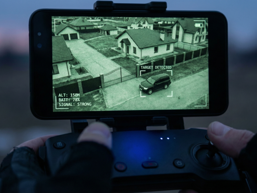 Visão da tela de controle de um drone civil realizando vigilância aérea noturna com interface tática, identificando ameaças no perímetro.