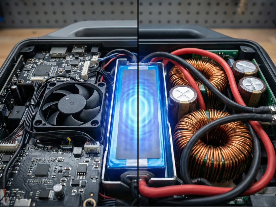 Comparativo técnico interno entre componentes de Power Stations EcoFlow e Bluetti, destacando a tecnologia LiFePO4.