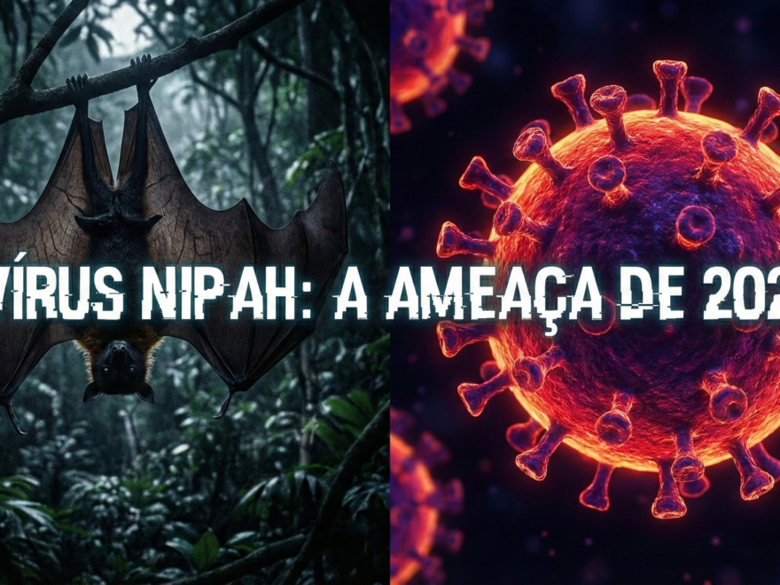 "Infográfico conceitual dividido entre o vetor natural (morcego Pteropus) e a estrutura microscópica do Vírus Nipah, ilustrando a ameaça zoonótica de 2026."