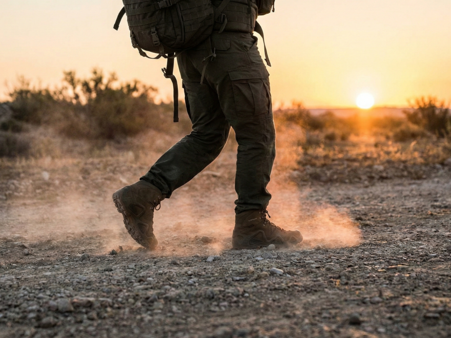 Pessoa praticando Rucking em terreno de cascalho, focando nas botas táticas e na mochila pesada para condicionamento físico militar.