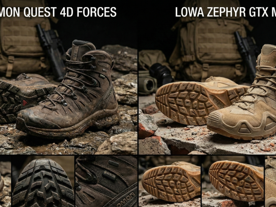 Comparativo visual entre as botas táticas Salomon Quest 4D (terreno acidentado) e Lowa Zephyr (terreno urbano), destacando design e robustez.