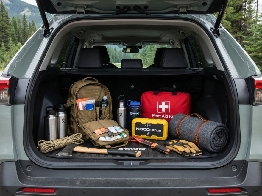 Porta-malas organizado com Kit de Sobrevivência Veicular (VEDC), incluindo mochila de retorno, jump starter e kit de primeiros socorros.