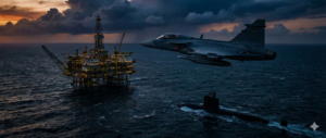 Esta imagem cinematográfica de alta resolução captura uma cena dramática de poder militar no Oceano Atlântico durante o crepúsculo. Sob um céu tempestuoso com nuvens pesadas e tons de azul, cinza e laranja, um caça Saab Gripen E/F da Força Aérea Brasileira (FAB), armado com mísseis e ostentando as marcações "FORÇA AÉREA BRASILEIRA", voa baixo sobre uma enorme plataforma de petróleo offshore iluminada. No primeiro plano, um submarino da Marinha do Brasil emerge das águas escuras e agitadas, com sua vela e parte do casco visíveis, criando uma esteira. A cena transmite uma atmosfera de tensão, vigilância e prontidão militar em uma área estratégica de recursos energéticos. A iluminação dramática do crepúsculo e as luzes da plataforma criam um forte contraste, destacando os elementos principais. A imagem é uma representação visual poderosa da defesa e soberania nacional brasileira.