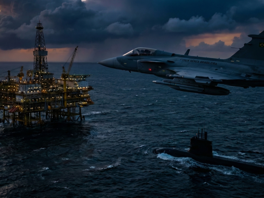 Esta imagem cinematográfica de alta resolução captura uma cena dramática de poder militar no Oceano Atlântico durante o crepúsculo. Sob um céu tempestuoso com nuvens pesadas e tons de azul, cinza e laranja, um caça Saab Gripen E/F da Força Aérea Brasileira (FAB), armado com mísseis e ostentando as marcações "FORÇA AÉREA BRASILEIRA", voa baixo sobre uma enorme plataforma de petróleo offshore iluminada. No primeiro plano, um submarino da Marinha do Brasil emerge das águas escuras e agitadas, com sua vela e parte do casco visíveis, criando uma esteira. A cena transmite uma atmosfera de tensão, vigilância e prontidão militar em uma área estratégica de recursos energéticos. A iluminação dramática do crepúsculo e as luzes da plataforma criam um forte contraste, destacando os elementos principais. A imagem é uma representação visual poderosa da defesa e soberania nacional brasileira.