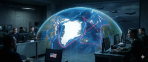 "Mapa estratégico da Groenlândia e do Ártico ilustrando a disputa geopolítica por rotas comerciais e terras raras entre EUA, China e Rússia."