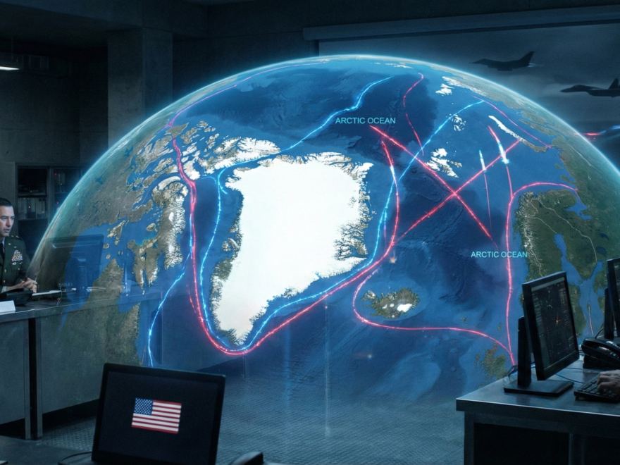 "Mapa estratégico da Groenlândia e do Ártico ilustrando a disputa geopolítica por rotas comerciais e terras raras entre EUA, China e Rússia."