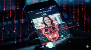 Smartphone recebendo chamada de familiar onde a imagem se revela uma caveira digital, representando o golpe de clonagem de voz por Inteligência Artificial.