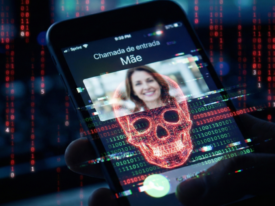 Smartphone recebendo chamada de familiar onde a imagem se revela uma caveira digital, representando o golpe de clonagem de voz por Inteligência Artificial.