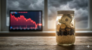 Pote de vidro contendo alimentos, ouro e dólares representando a proteção patrimonial segura contra um gráfico de crise financeira ao fundo.