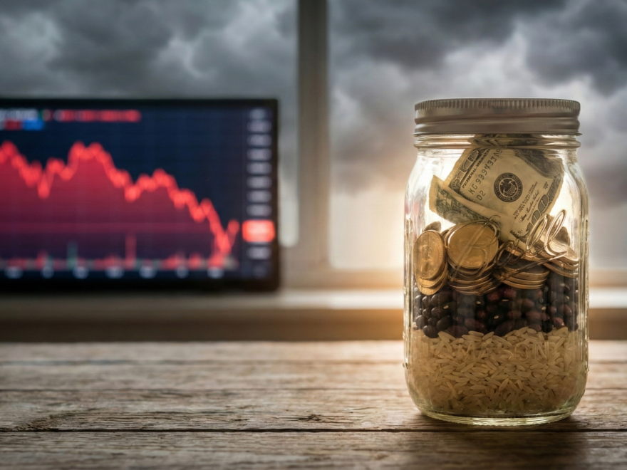 Pote de vidro contendo alimentos, ouro e dólares representando a proteção patrimonial segura contra um gráfico de crise financeira ao fundo.