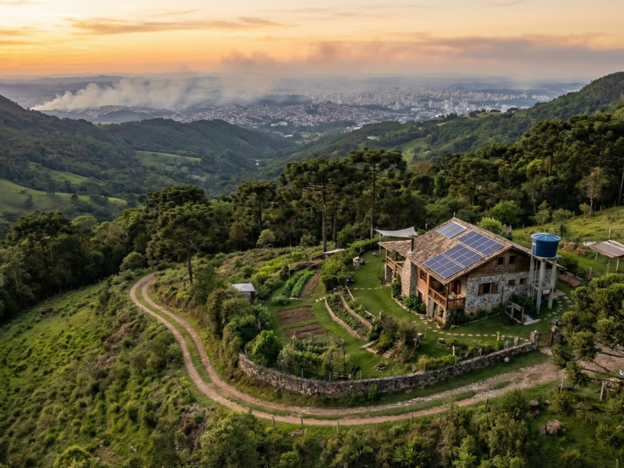 Propriedade rural autossustentável em região segura de Santa Catarina, ilustrando o conceito de Realocação Estratégica longe das grandes cidades.