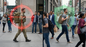 Comparação visual entre um homem vestido de forma tática (alvo) e um homem usando a técnica Gray Man (seguro) em uma multidão urbana.
