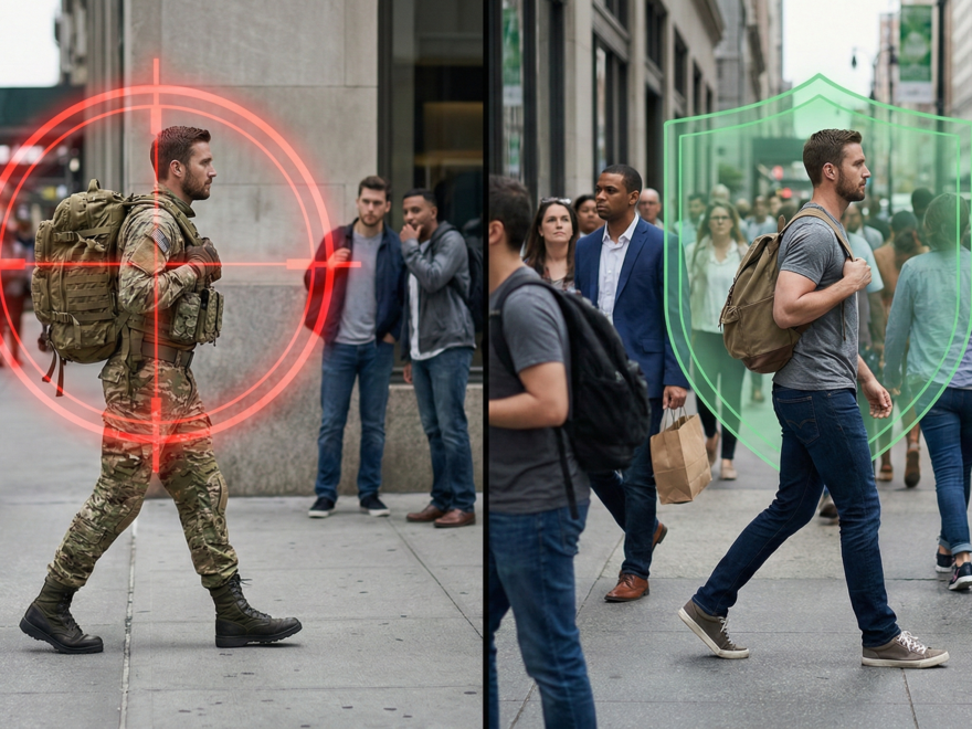 Comparação visual entre um homem vestido de forma tática (alvo) e um homem usando a técnica Gray Man (seguro) em uma multidão urbana.