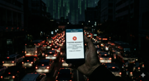 "Uma mão segura um smartphone no escuro exibindo uma mensagem de erro em um aplicativo bancário. Ao fundo desfocado, uma rua de cidade caótica e completamente escura devido a um apagão digital, com trânsito parado e sem iluminação."