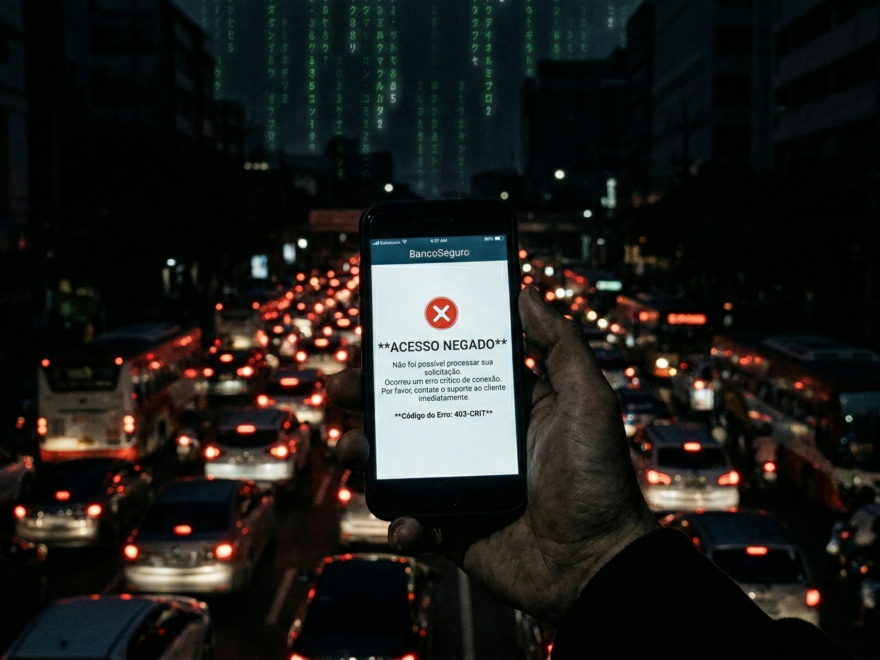 "Uma mão segura um smartphone no escuro exibindo uma mensagem de erro em um aplicativo bancário. Ao fundo desfocado, uma rua de cidade caótica e completamente escura devido a um apagão digital, com trânsito parado e sem iluminação."