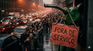 "Close-up conceitual de um bico de bomba de combustível em um posto no Brasil com uma placa vermelha escrita 'SEM COMBUSTÍVEL - FORA DE SERVIÇO' (NO FUEL). Ao fundo, uma fila caótica de carros sob luzes noturnas, ilustrando o pânico e a escassez durante uma crise logística de abastecimento urbano."