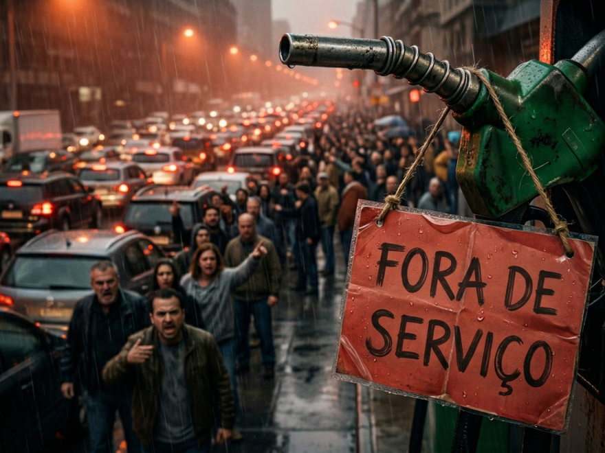 "Close-up conceitual de um bico de bomba de combustível em um posto no Brasil com uma placa vermelha escrita 'SEM COMBUSTÍVEL - FORA DE SERVIÇO' (NO FUEL). Ao fundo, uma fila caótica de carros sob luzes noturnas, ilustrando o pânico e a escassez durante uma crise logística de abastecimento urbano."